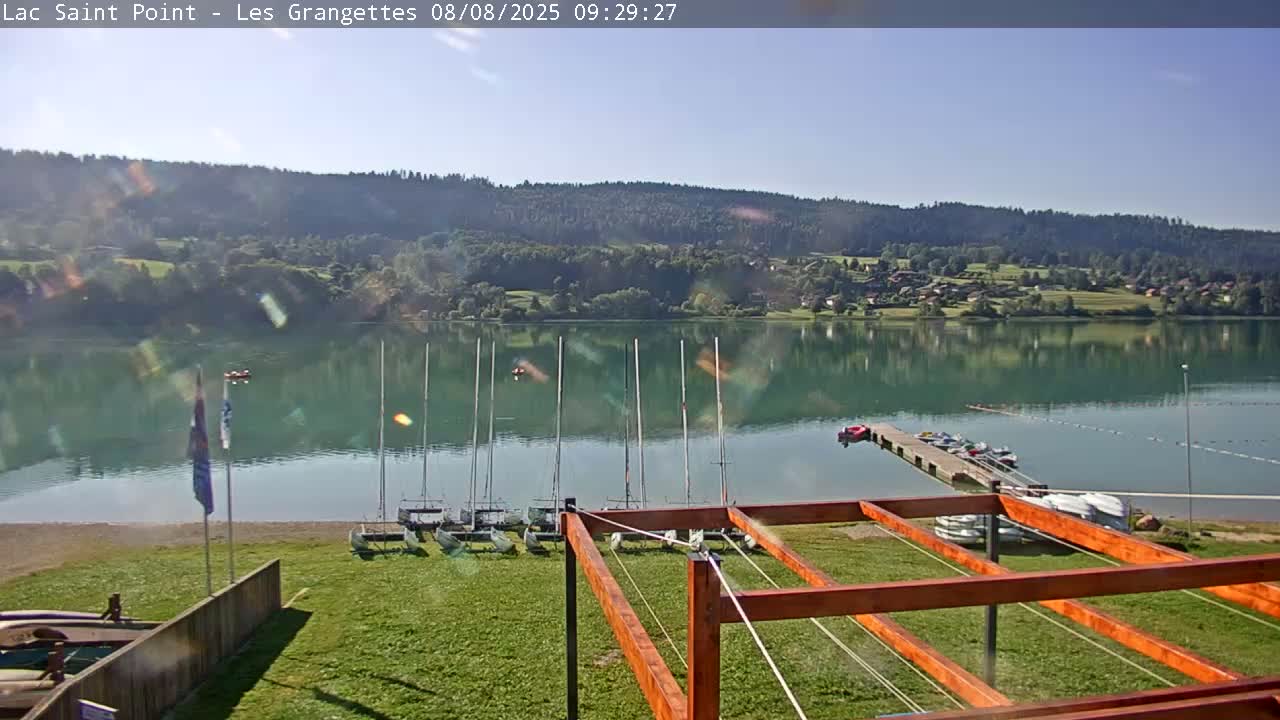 A calm lake reflects a tree-covered hillside under a clear, sunny sky, with sailboats docked on the shore near a wooden structure.