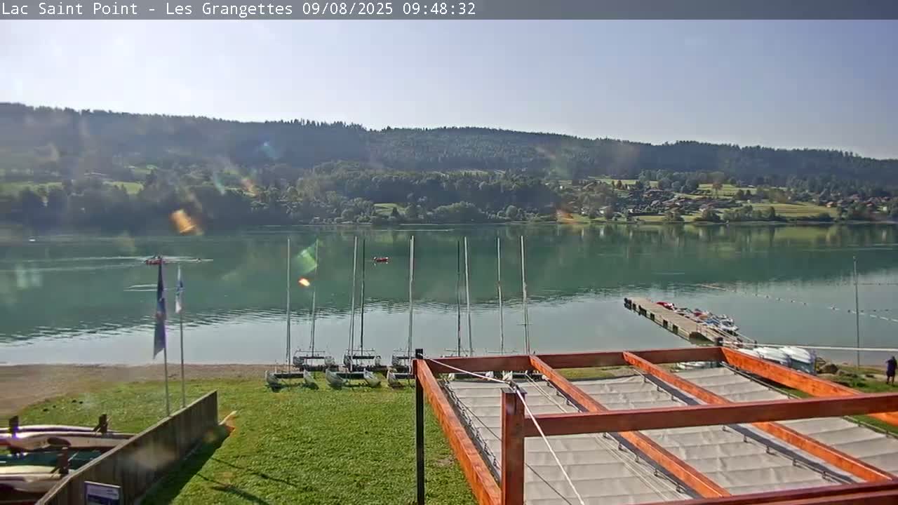 A calm lake with sailboats docked near a grassy shore under a mostly clear sky, backed by rolling hills.