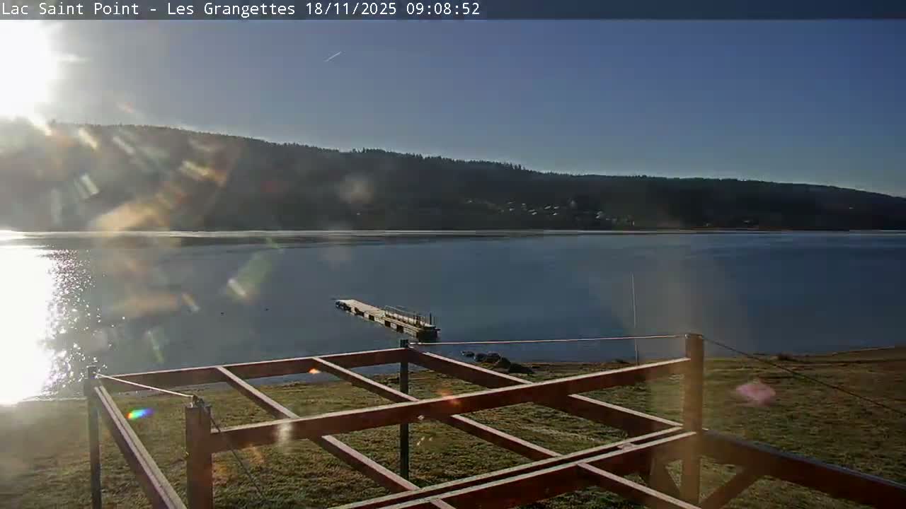 On a bright, sunny day with a clear blue sky, a calm lake with a wooden pier is visible, bordered by forested hills in the distance and a timber frame structure in the immediate foreground.