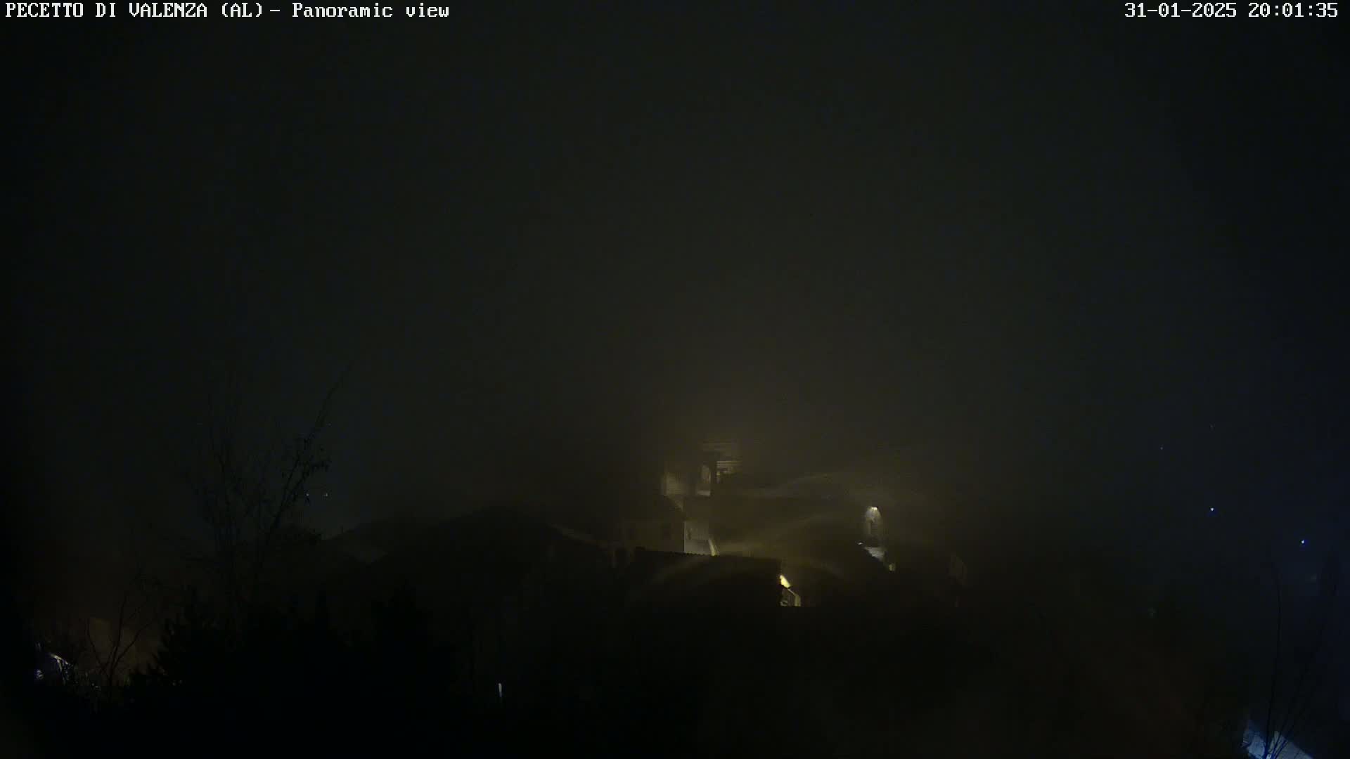 A foggy, dark night scene shows a dimly lit village nestled among trees.