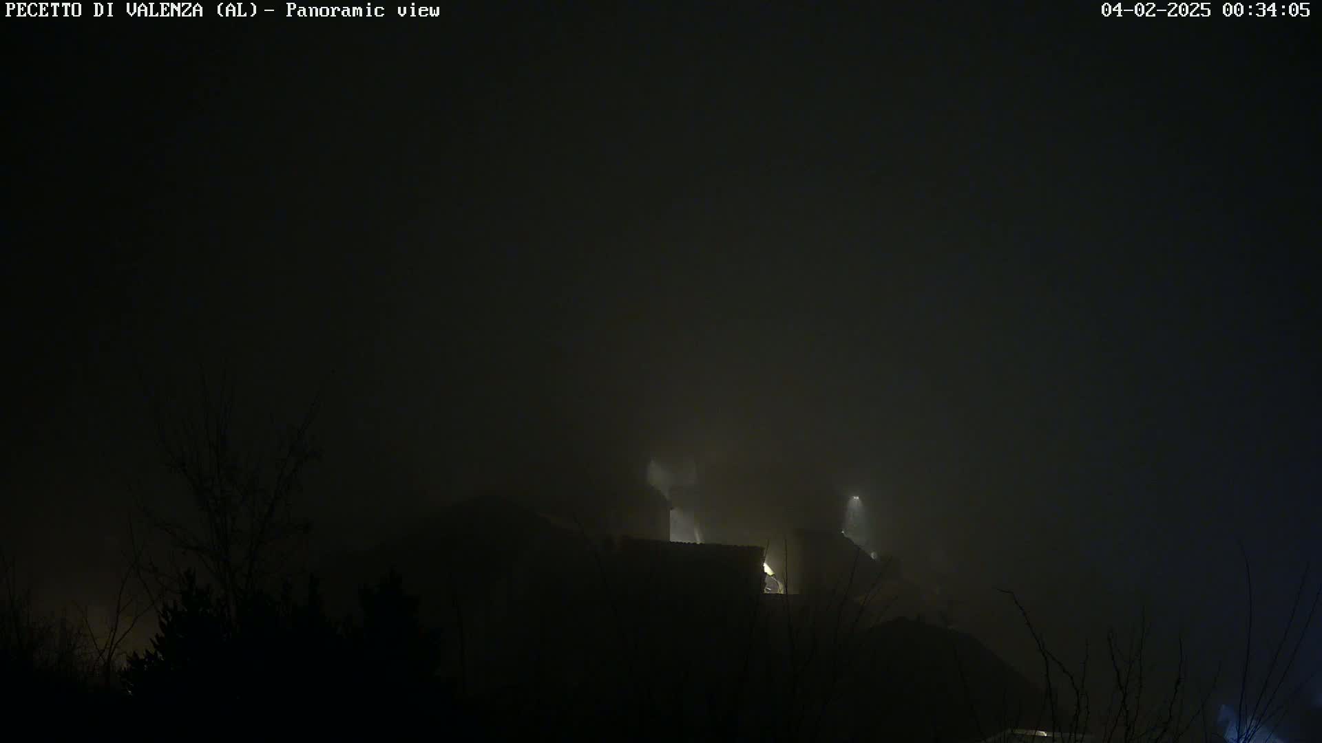 A nighttime, foggy scene shows dimly lit buildings partially obscured by heavy fog and silhouetted trees.