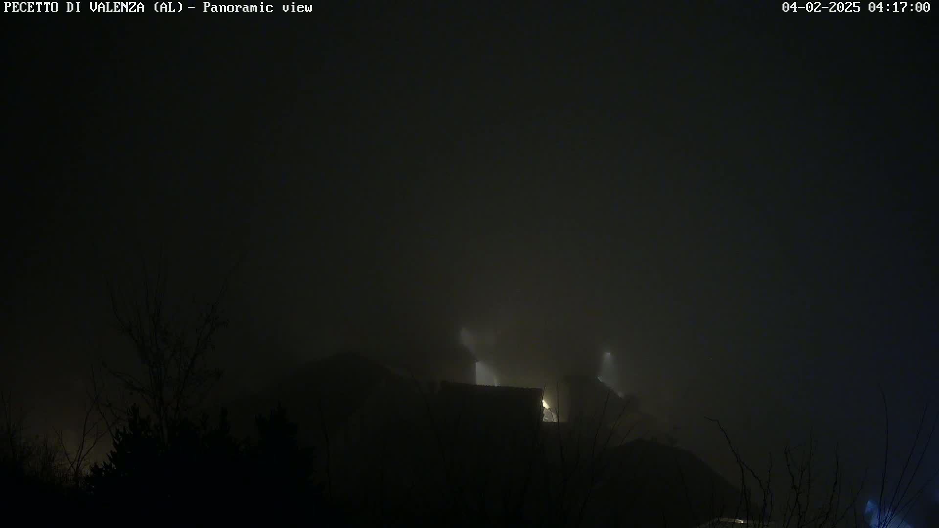 A nighttime, foggy scene shows dimly lit buildings partially obscured by heavy fog and silhouetted trees.