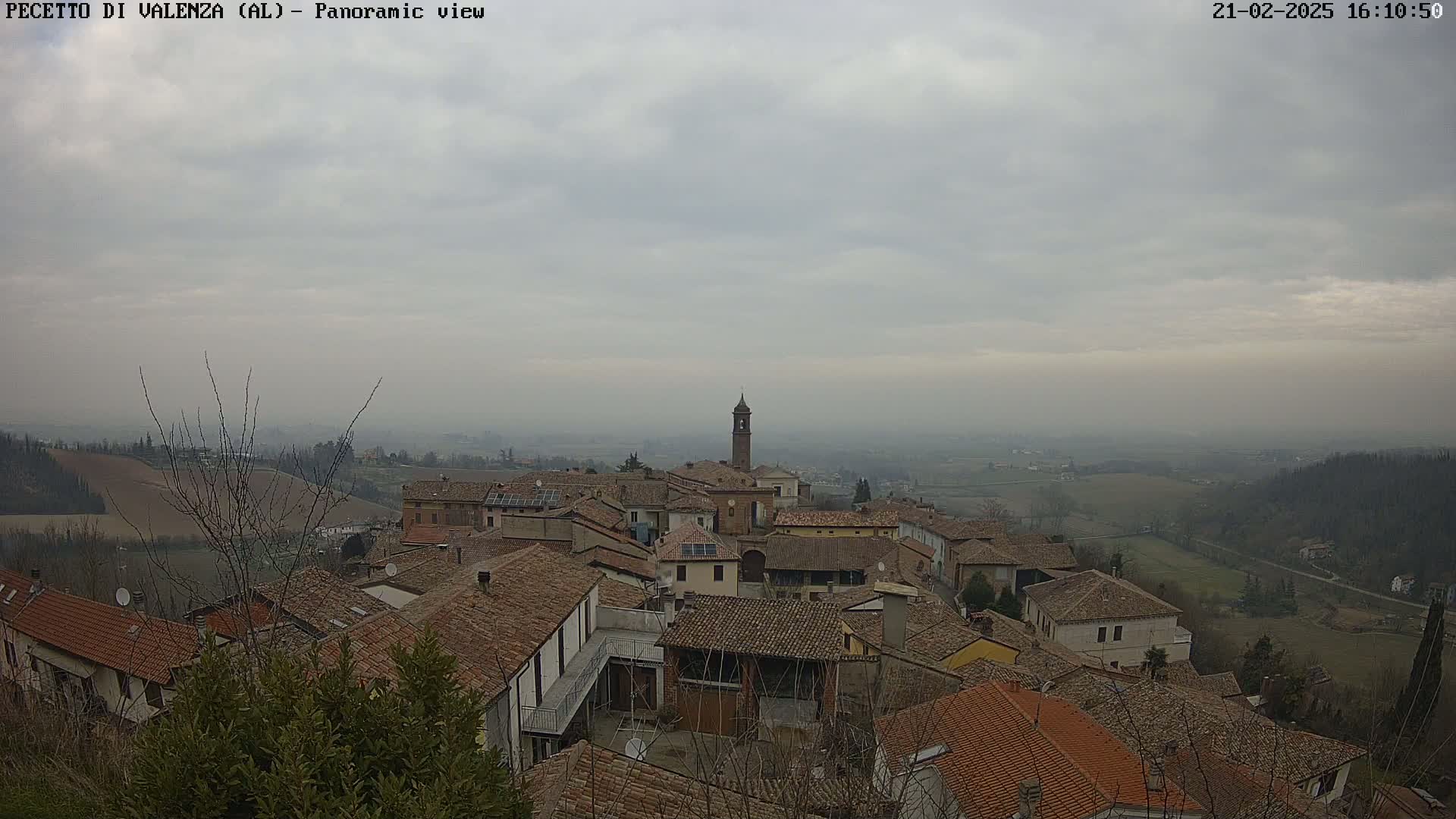 A panoramic view of a small town with many brown-roofed buildings under an overcast sky.
