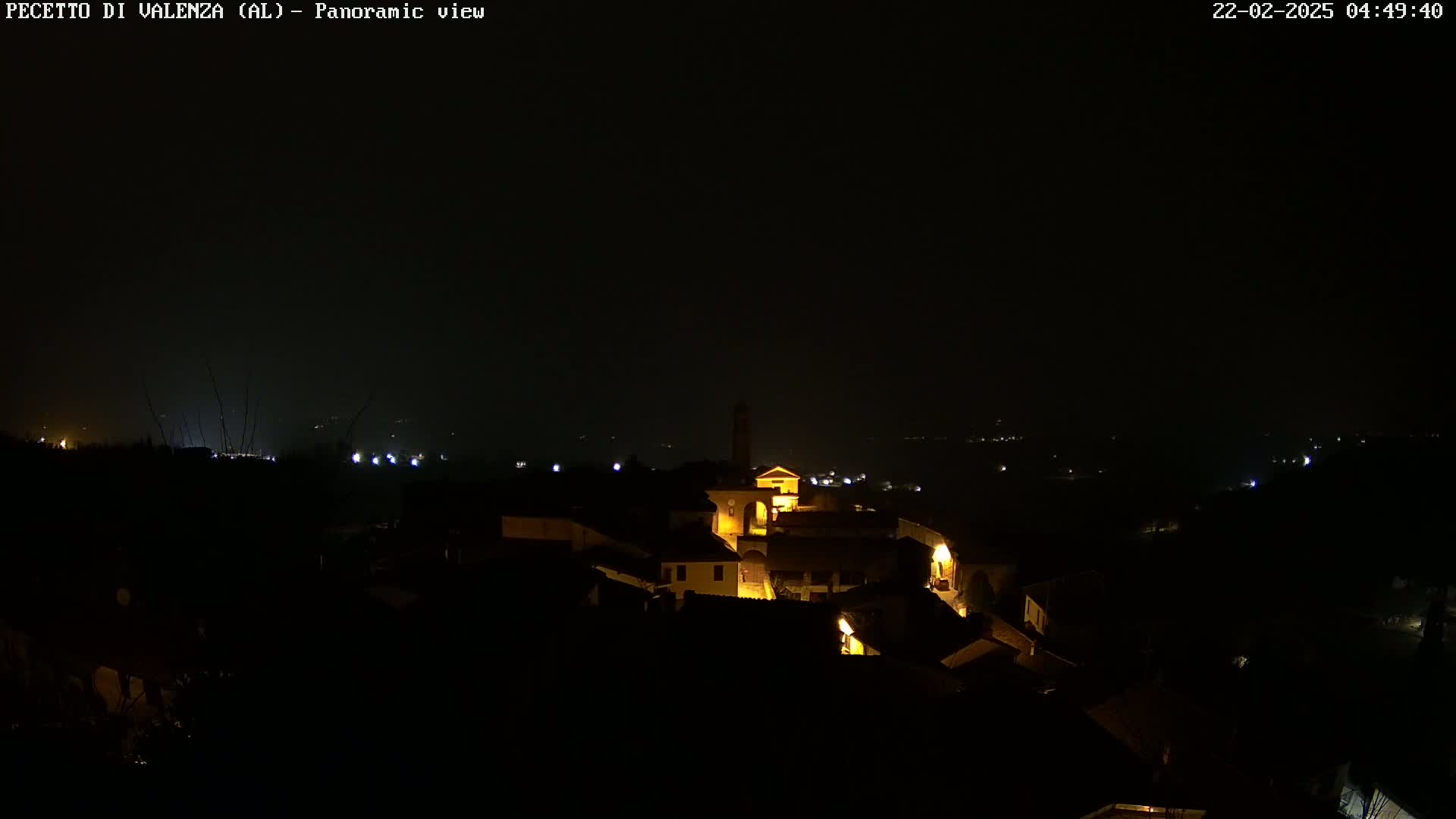 A nighttime panoramic view of a small, dimly lit town nestled in a dark landscape under a mostly clear sky.