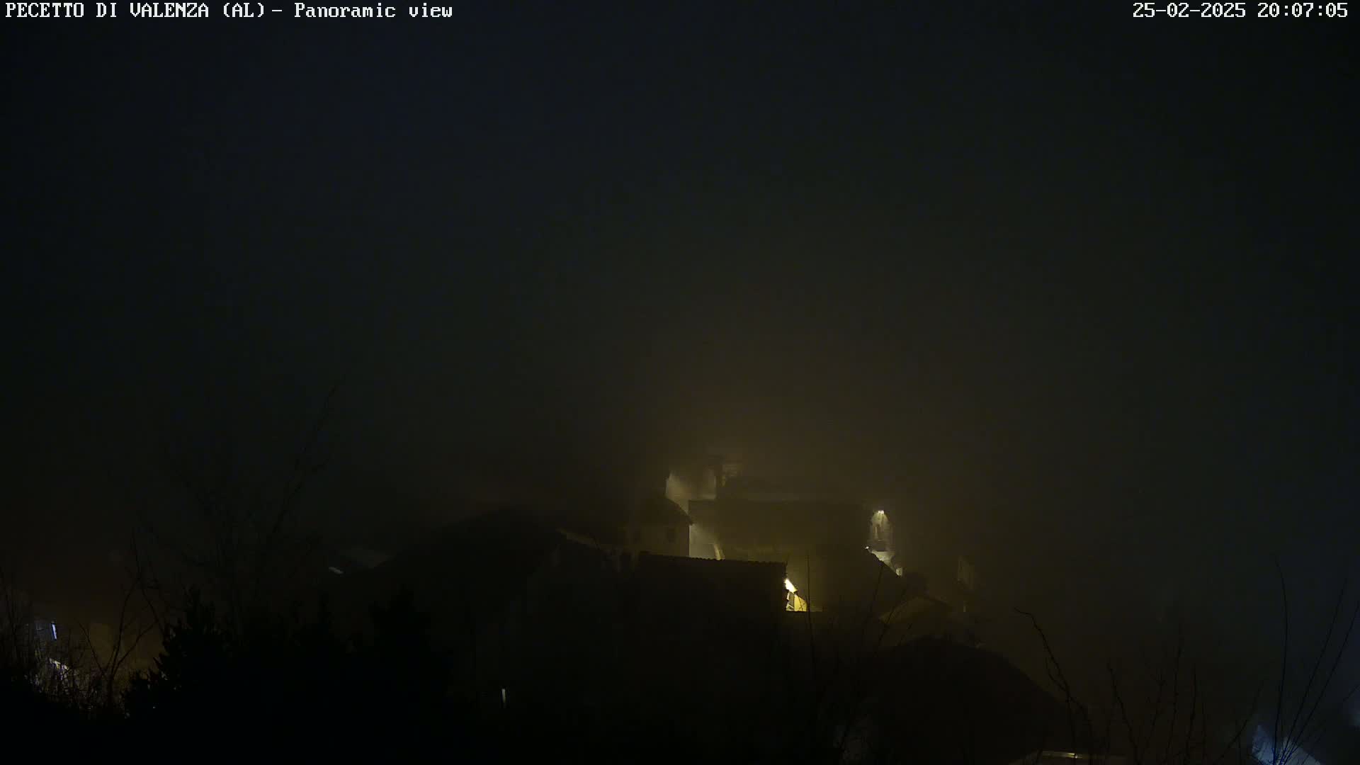 A foggy night scene shows dimly lit buildings nestled among dark trees.