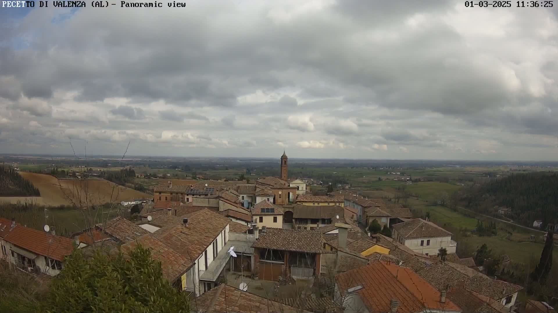 A panoramic view of a town with many brown-roofed buildings, under a cloudy sky.