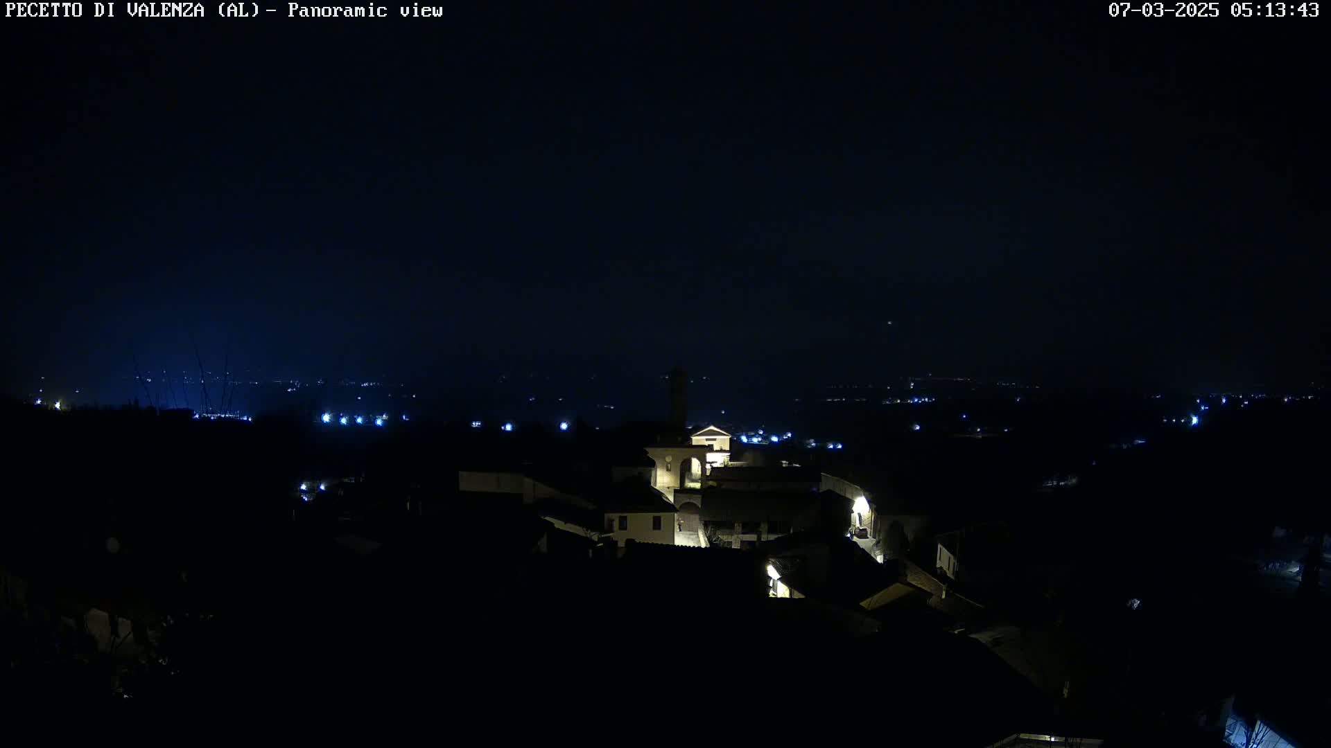 A nighttime panoramic view shows a small, dark village with sparsely lit buildings, under a clear, dark sky.