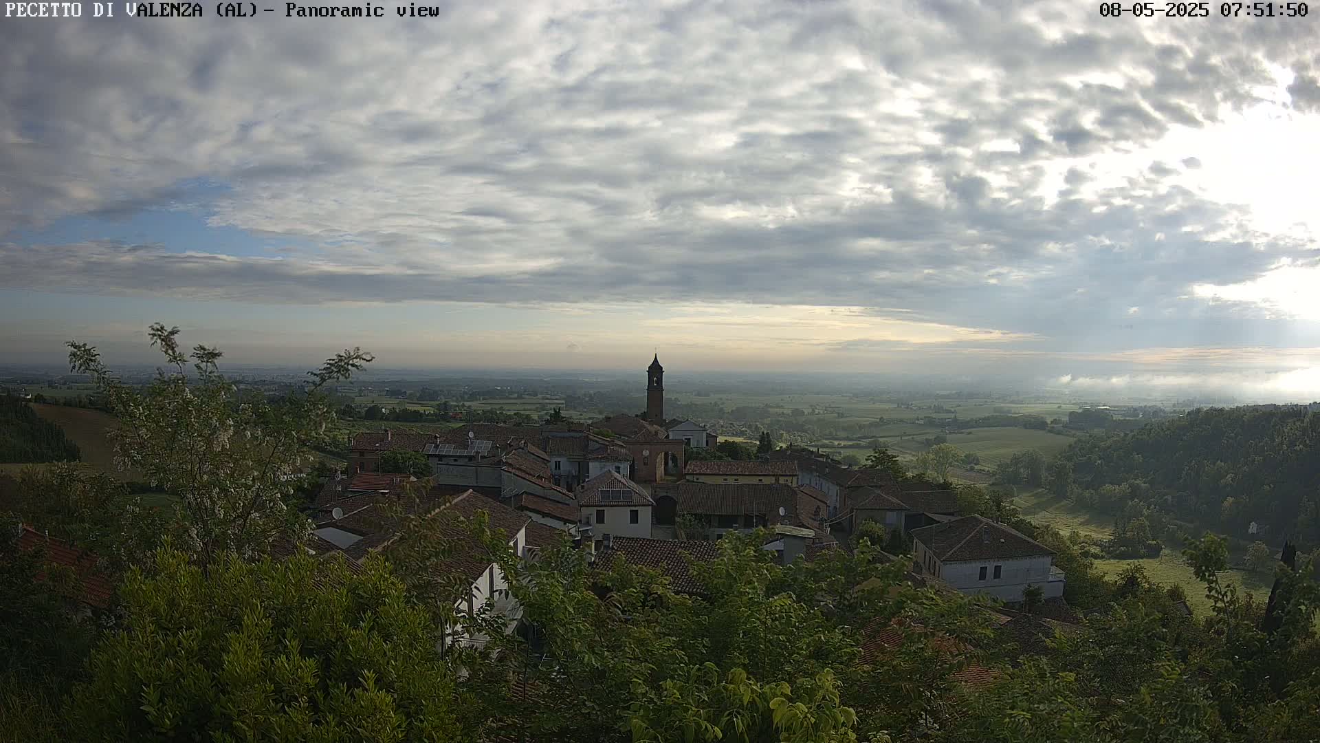 A panoramic view of a small town nestled in a verdant valley under a mostly cloudy sky.