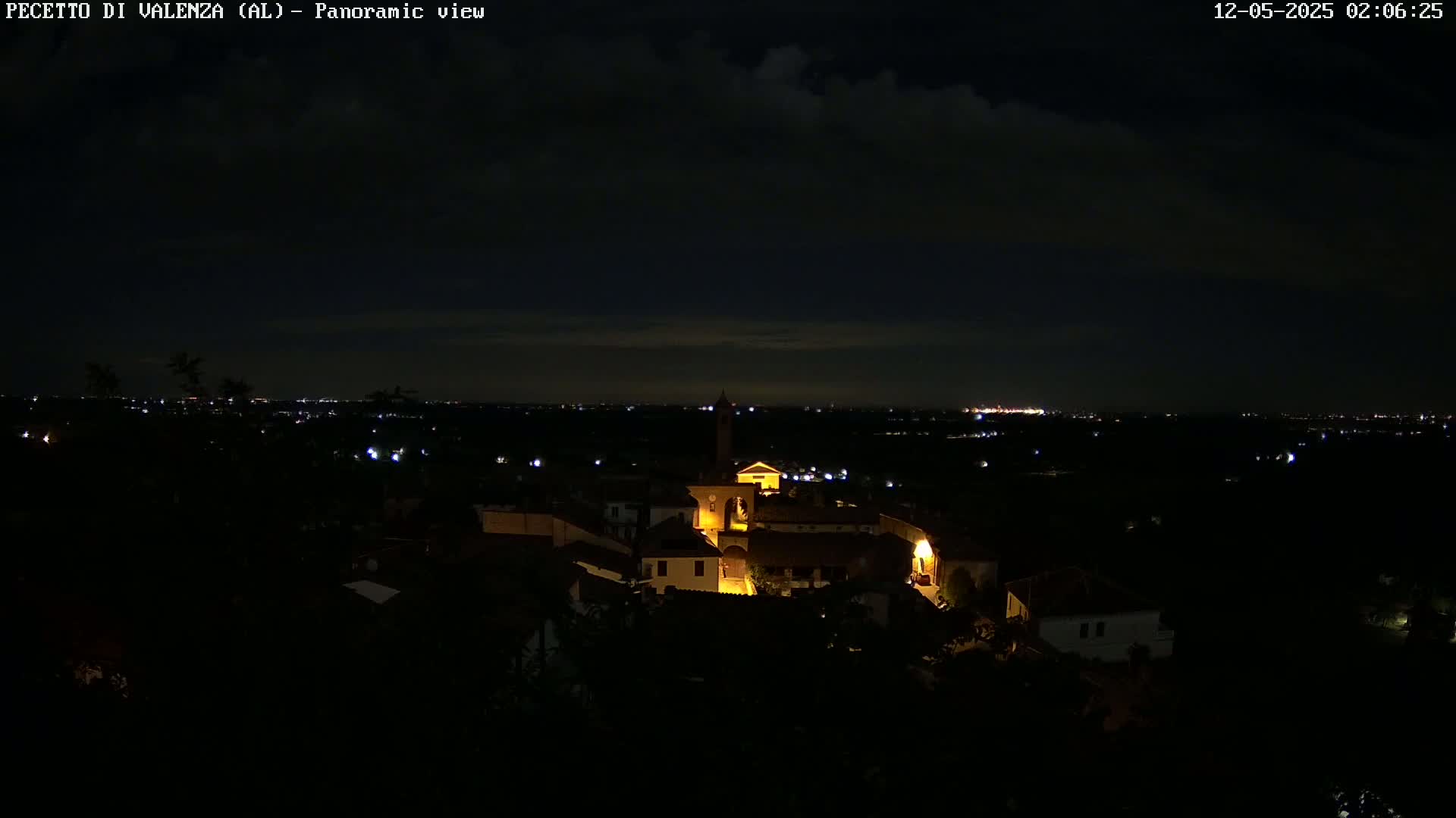 A nighttime panoramic view shows a small, dimly lit town nestled in a dark landscape under a cloudy sky.