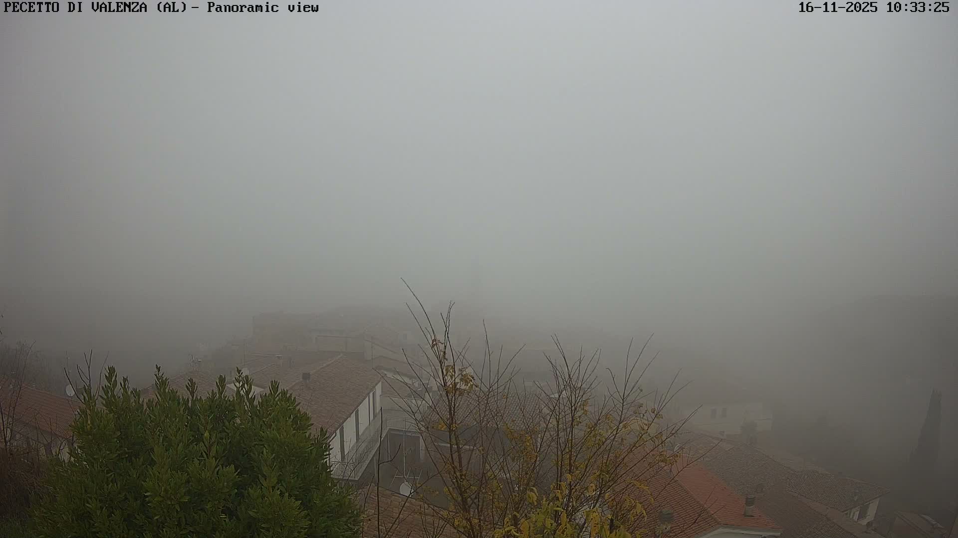 The image captures a panoramic view of a village with terracotta roofs and trees, largely obscured by thick, heavy fog.