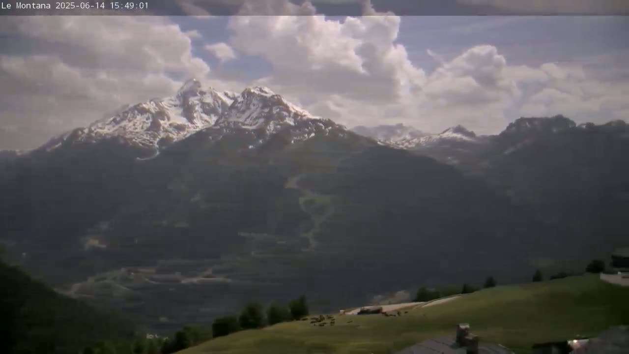 A partly cloudy day reveals snow-capped mountains in the distance, with a green valley and some buildings in the foreground.
