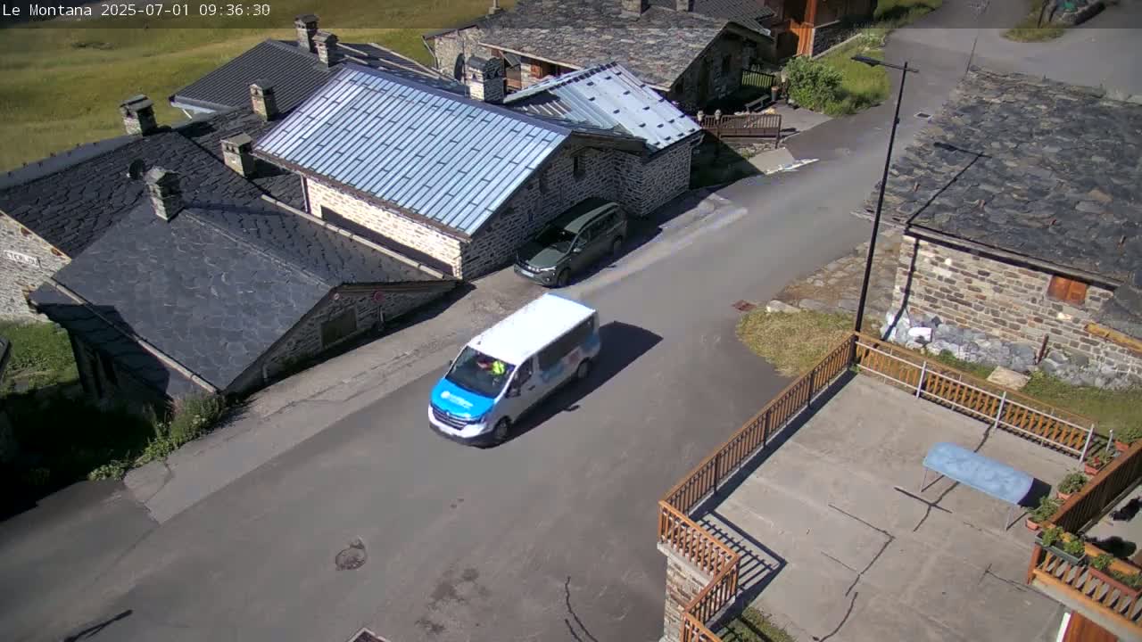 A white van and a dark-colored SUV are parked on a paved road in a village of stone buildings on a sunny day.