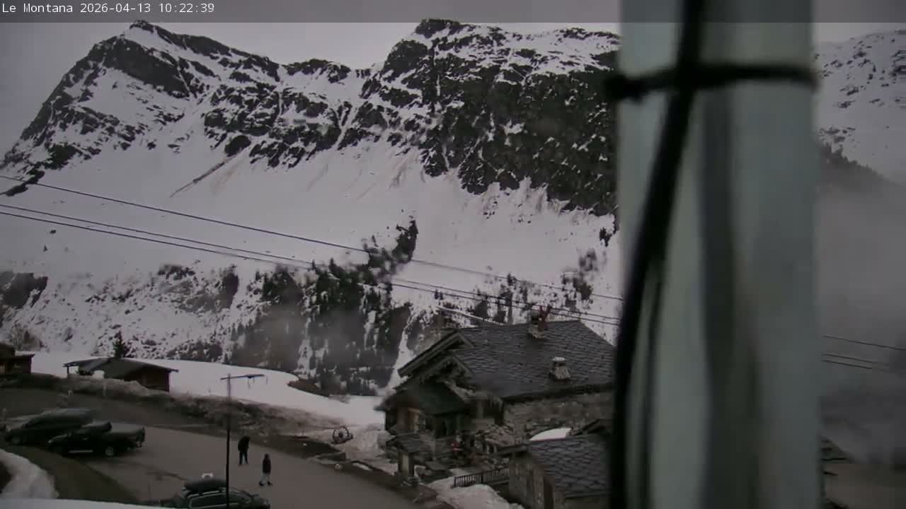 A panoramic view reveals a snowy mountain valley with several stone houses in the foreground heavily blanketed in snow, surrounded by vast snow-covered slopes, dense evergreen forests, and towering peaks under a partly cloudy winter sky.