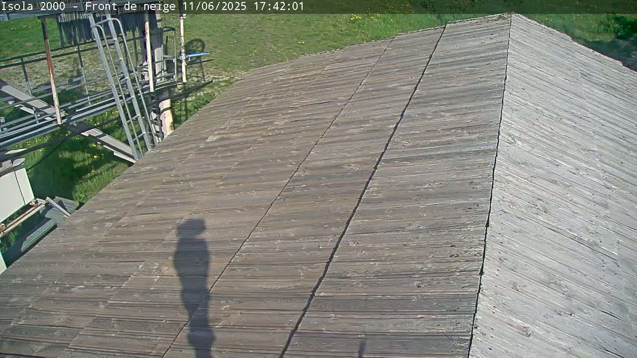 A grey wooden roof slopes down from the top right to the bottom left, with a shadow cast on the surface and green grass visible in the background under a sunny sky.