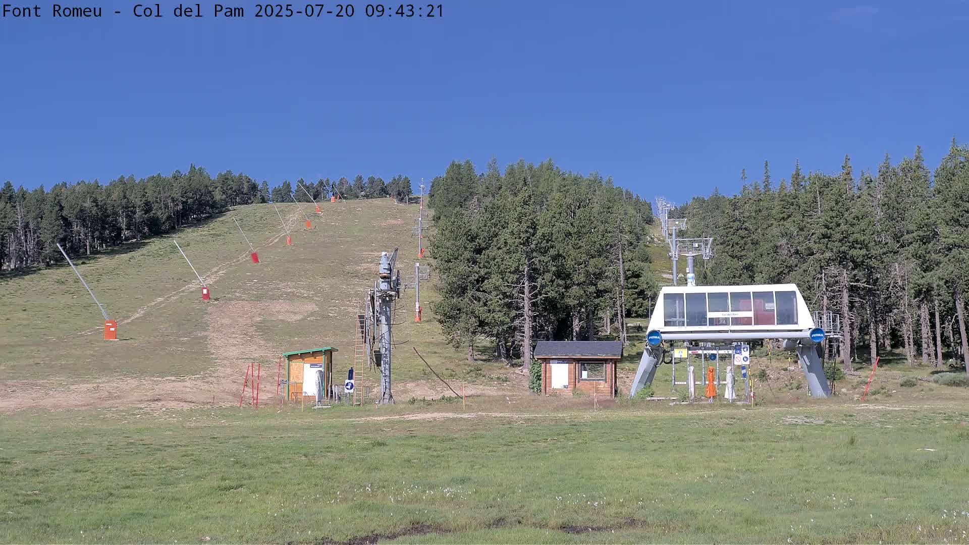 A ski lift base station sits in a grassy field at the bottom of a hill covered in pine trees under a clear blue sky.