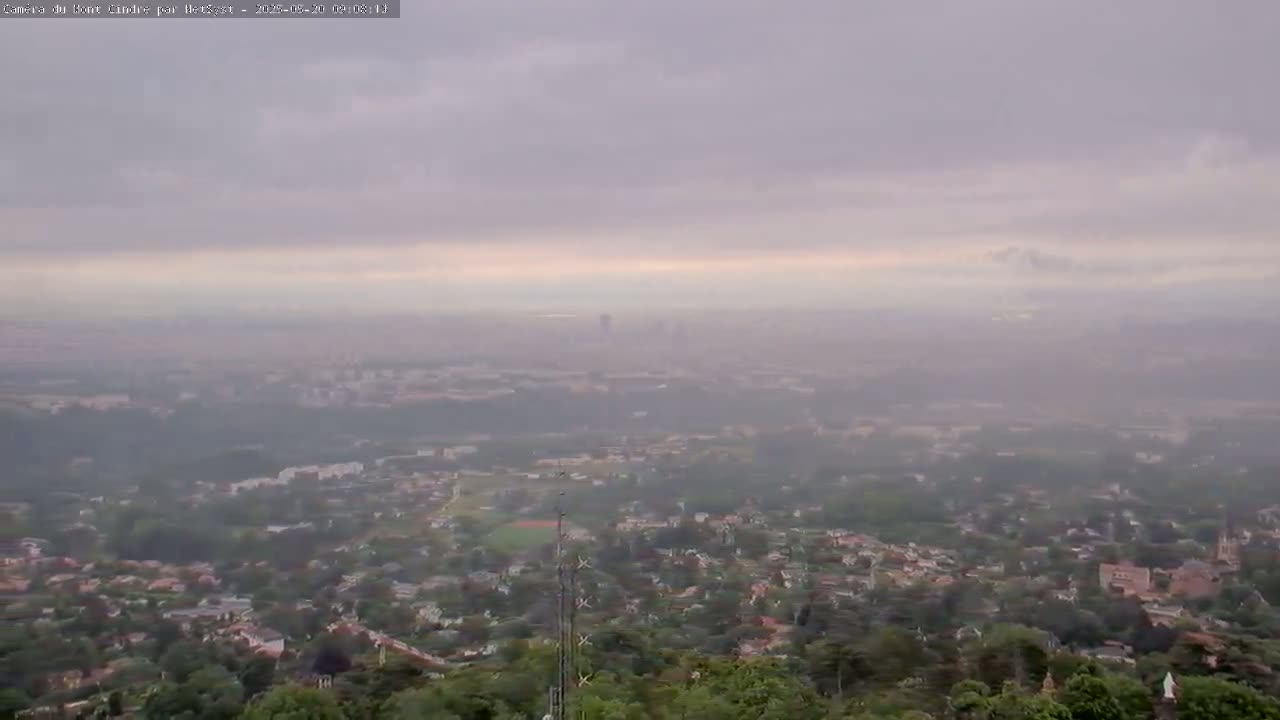 A hazy, overcast view from a hilltop shows a sprawling city in the distance, with a foreground of lush green trees and residential areas.