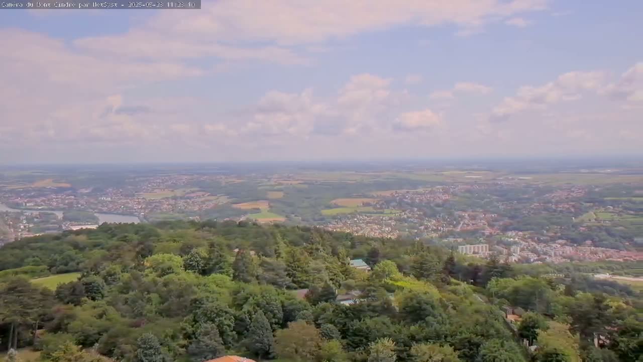 A high-angle view on a partly cloudy day shows a sprawling town nestled in a verdant valley, surrounded by lush green hills and a winding river.