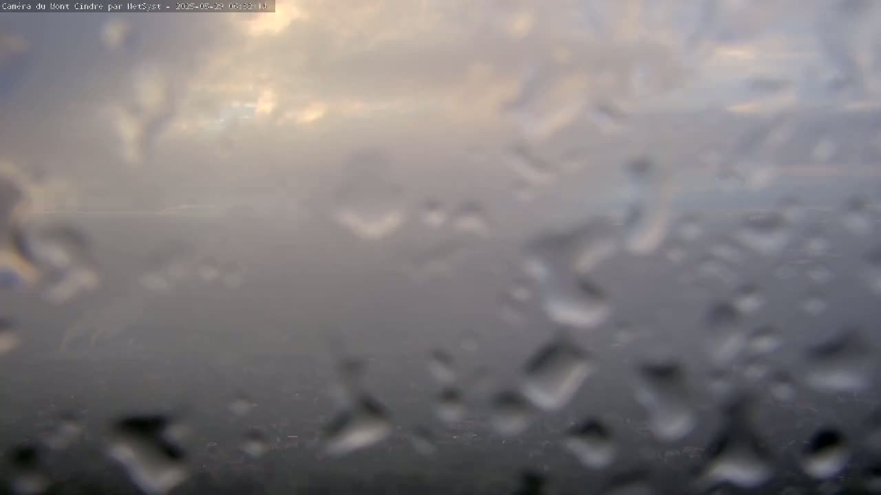 A blurry view of a cloudy, overcast sky is seen through a rain-covered surface.
