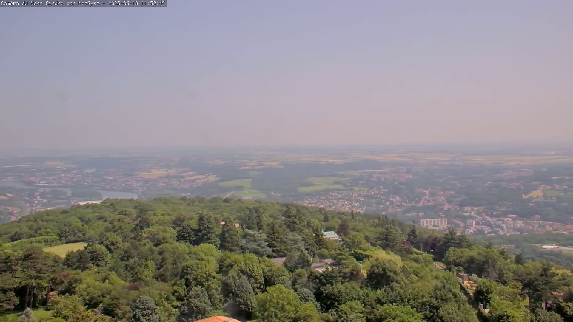 A hazy view from a hilltop shows a vast expanse of green trees and a distant town under a light-grey sky.