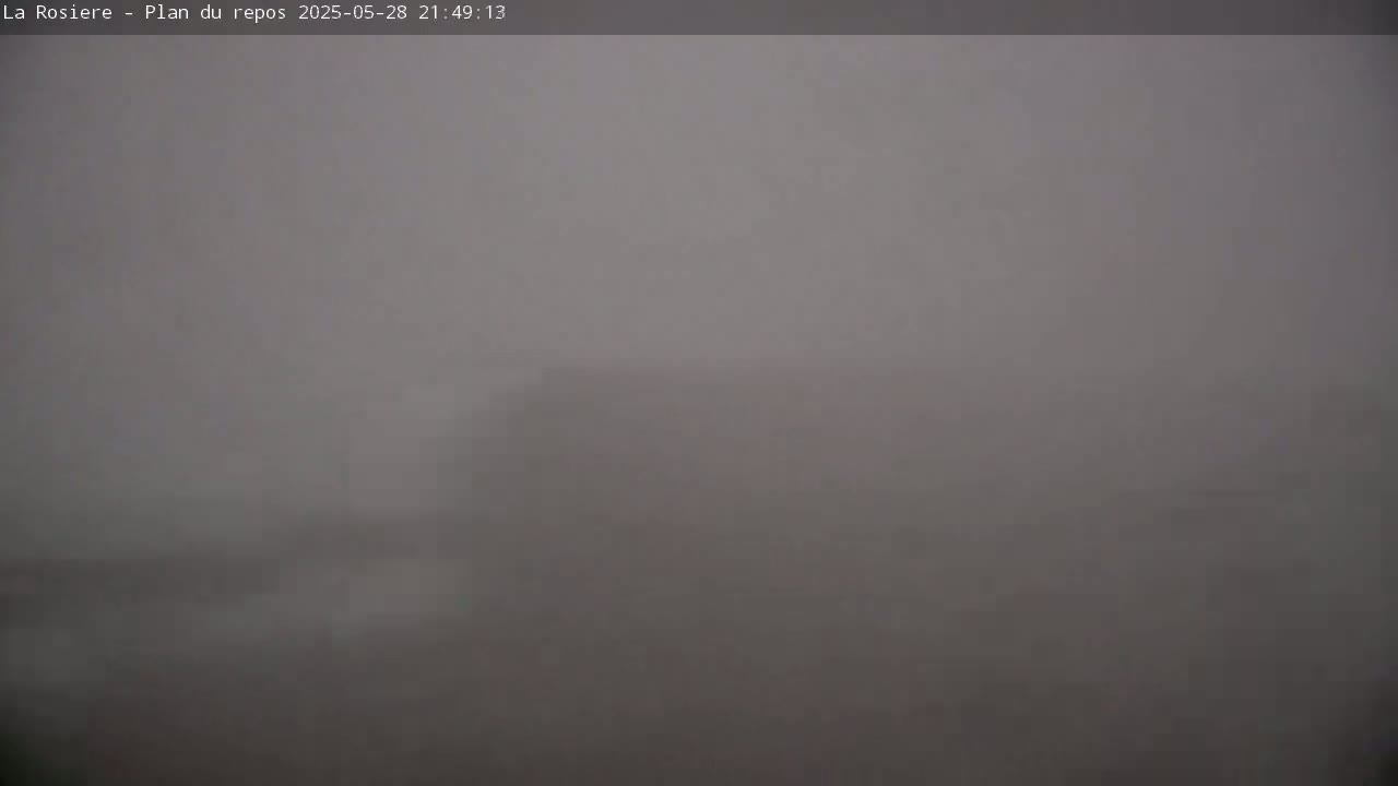 A mostly featureless, gray landscape is shrouded in thick fog.