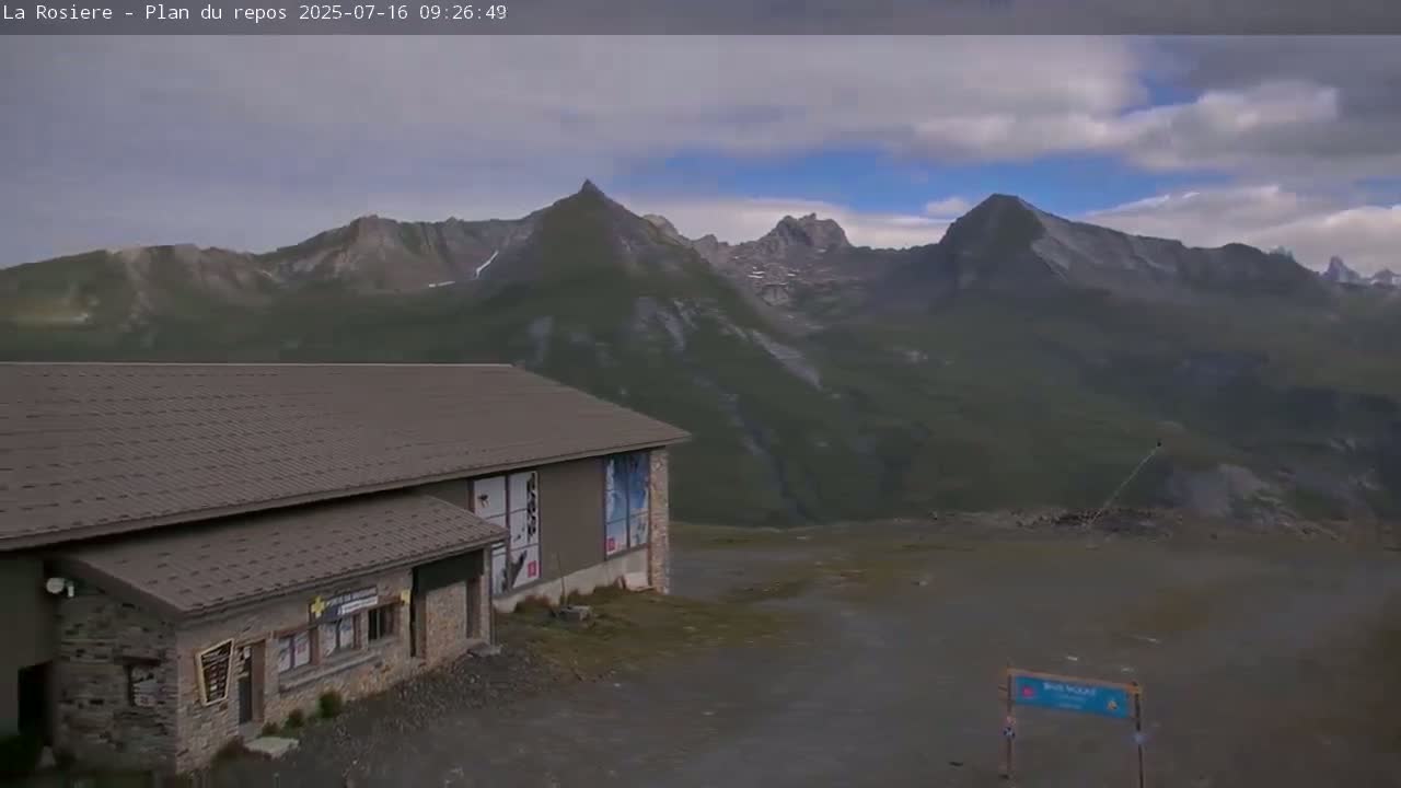 A stone building with a brown roof sits in front of a mountain range under a partly cloudy sky.