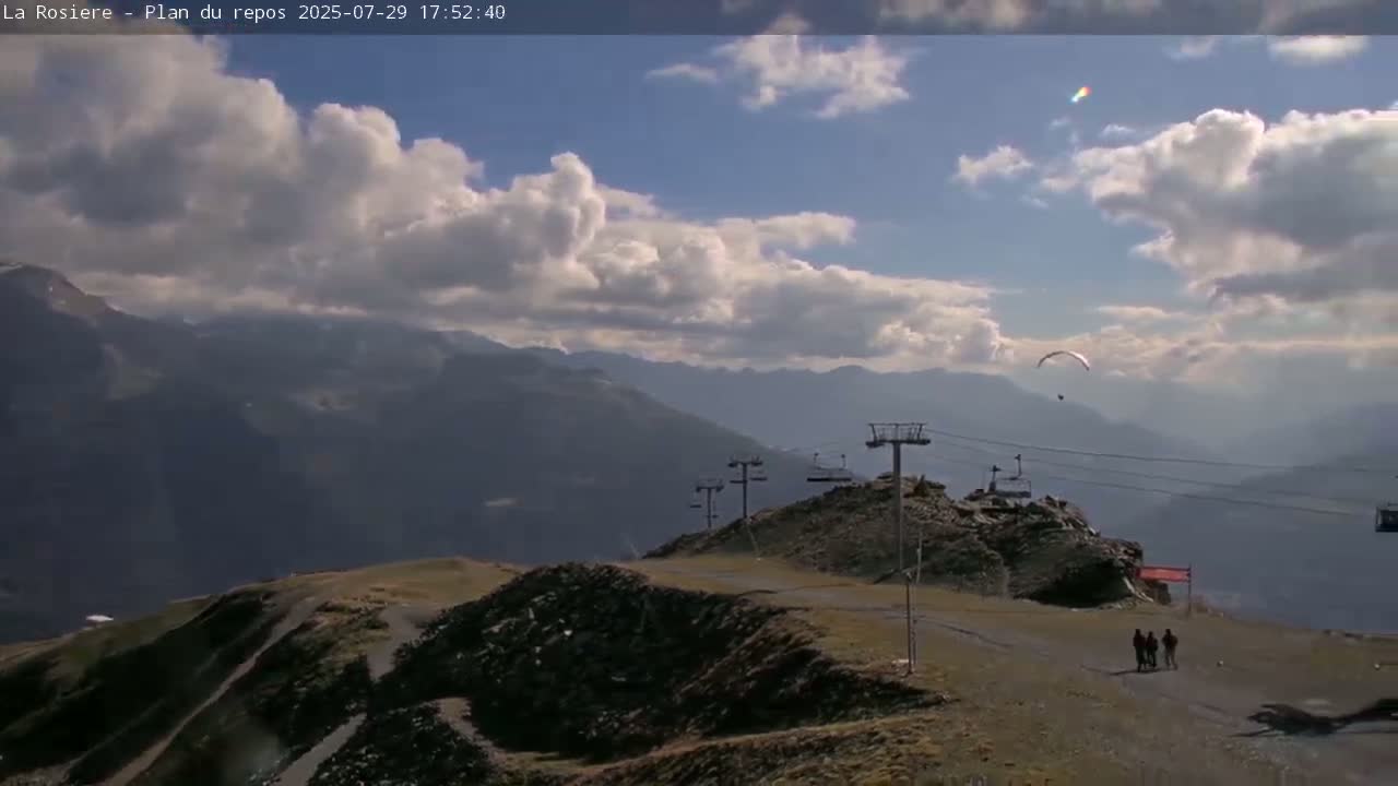 A ski lift station building sits below a mountain range on a mostly sunny day.