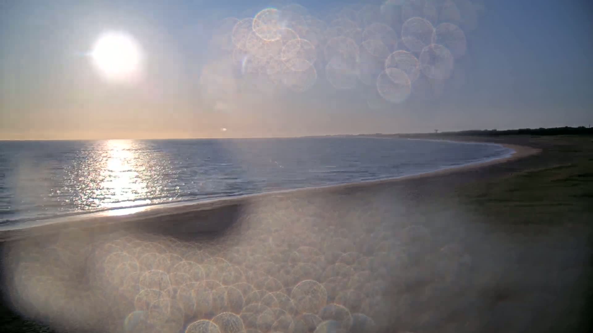 A bright sun shines over a calm ocean meeting a sandy beach, partially obscured by lens flares.