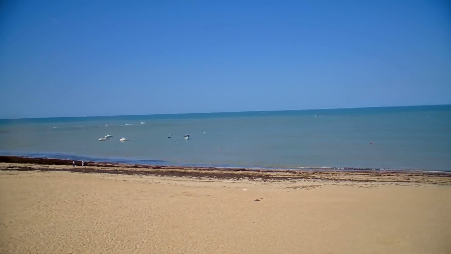 A sandy beach stretches to a calm, light-blue ocean under a clear blue sky, with a few small boats visible in the distance.