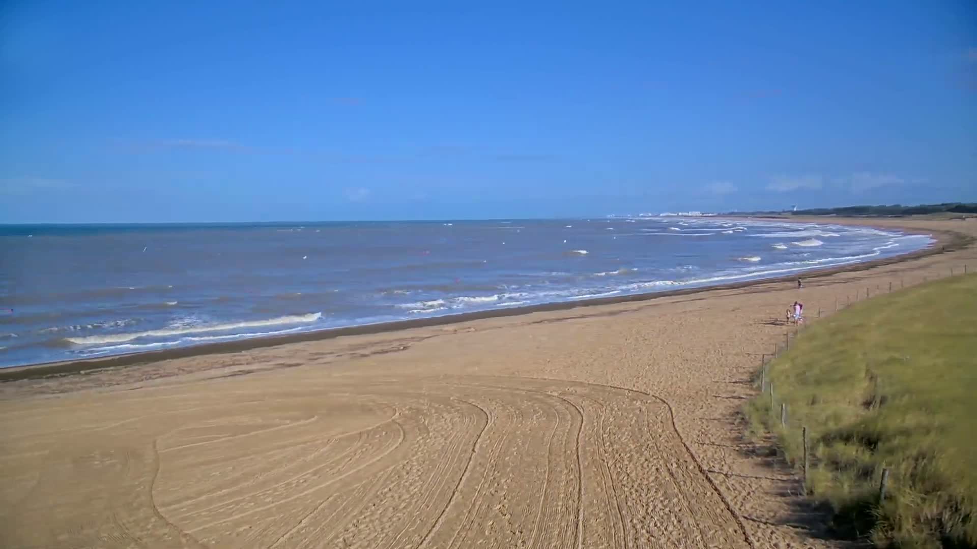 A sandy beach with tire tracks stretches along a calm, gray-blue ocean under a clear blue sky.
