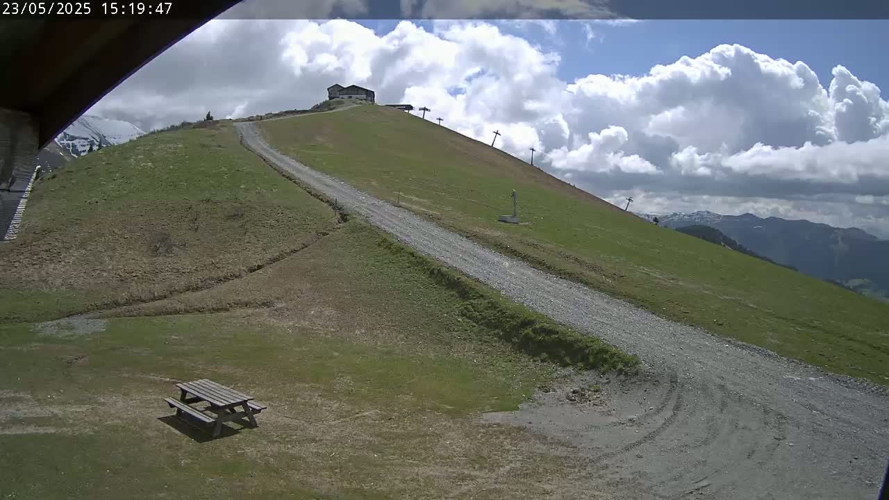 A gravel road winds up a grassy hill towards a small building under a partly cloudy sky.
