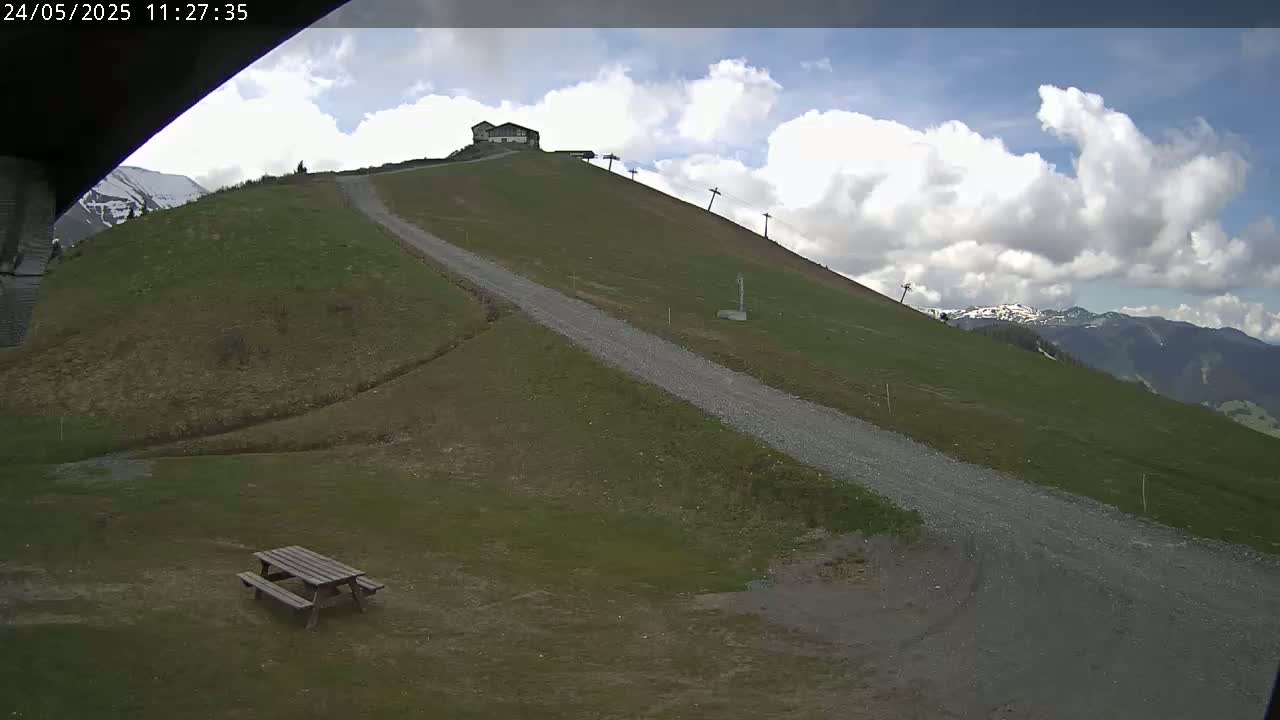 A gravel road winds up a grassy hill toward a small building under a partly cloudy sky.