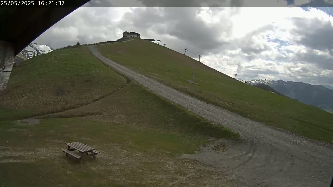 A gravel road winds up a grassy hill towards a building under a partly cloudy sky.