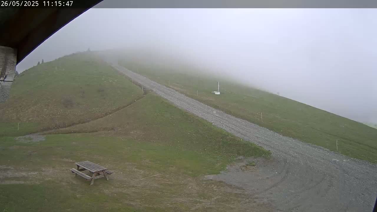 A gravel road winds up a grassy hill shrouded in fog, with a picnic table visible in the foreground.