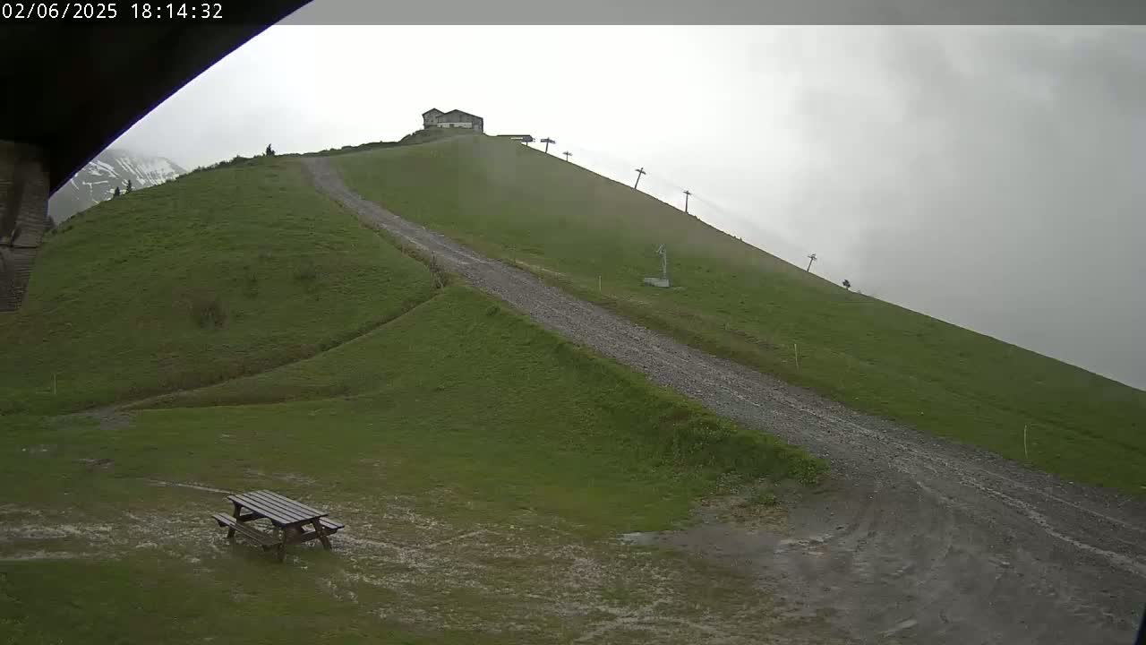 A grassy hillside with a gravel road leading to a small building, under an overcast sky with light rain.