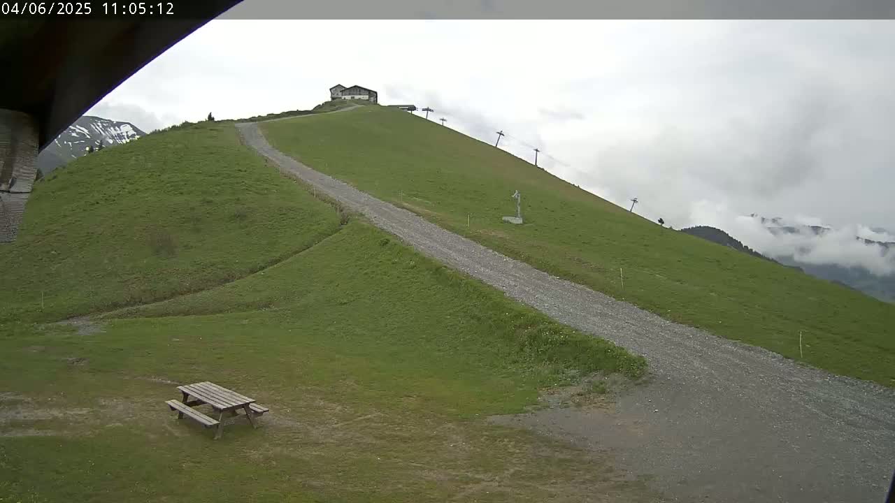 A gravel road winds up a grassy hill towards a small building under a cloudy sky.