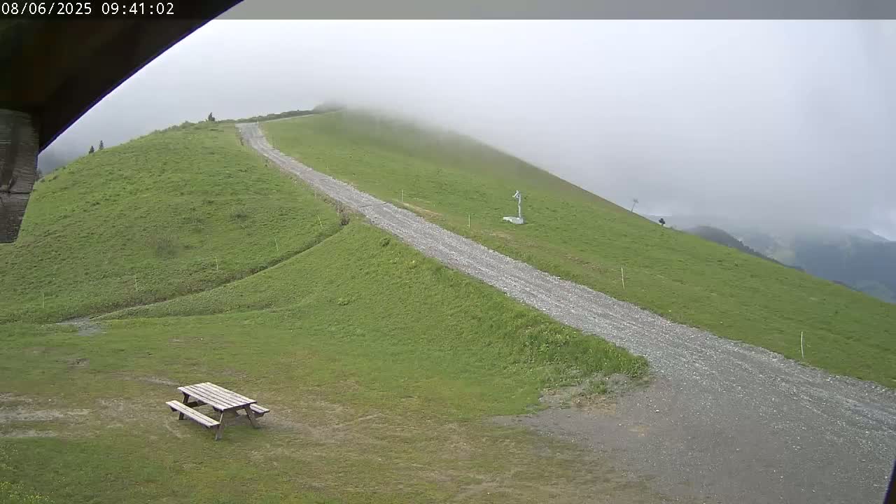 A gravel road winds up a grassy hill shrouded in fog, with a picnic table visible in the foreground.