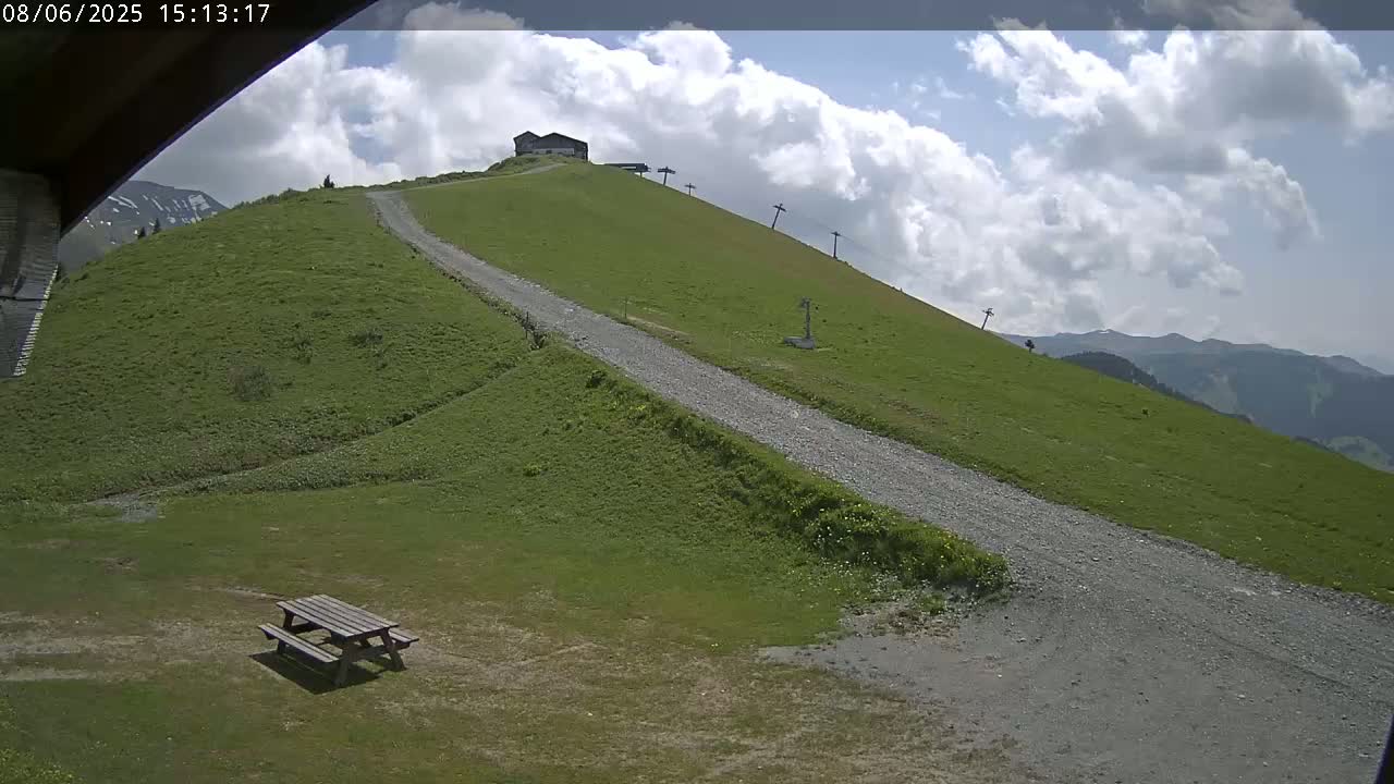 A gravel road winds up a grassy hill toward a small building under a partly cloudy sky.