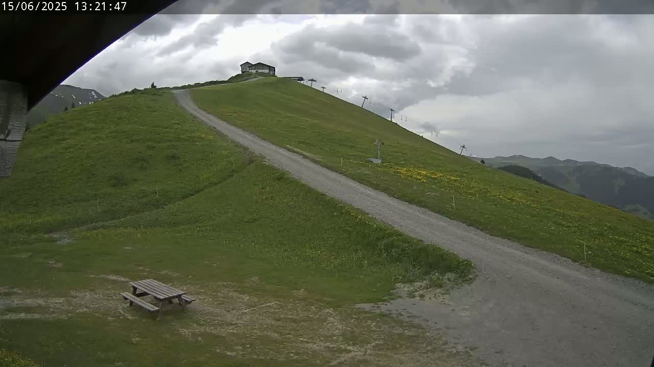A gravel road winds up a grassy hillside towards a small building under a cloudy sky.