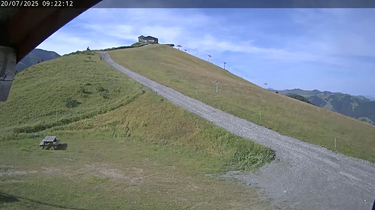 A gravel road winds down a grassy hillside toward a picnic table, with a small building and chairlift visible at the top of the hill under a mostly clear, sunny sky.