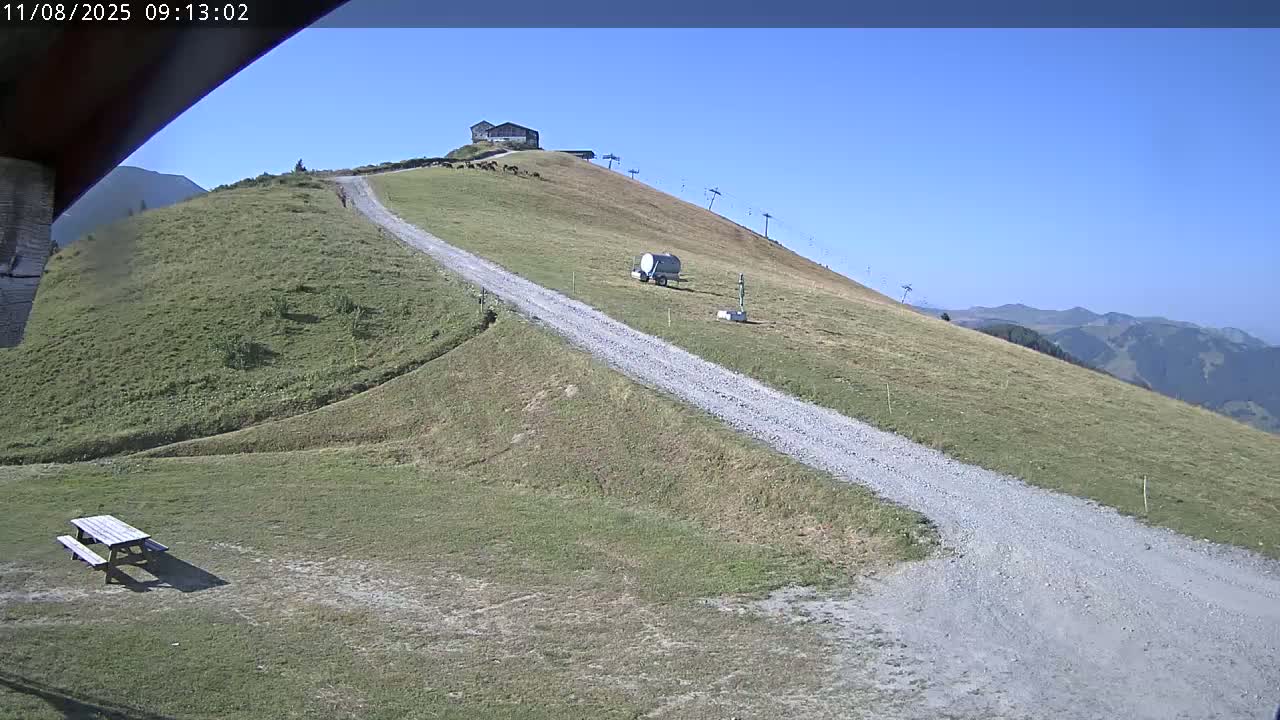 A gravel road winds up a grassy hillside towards a building and ski lift under a clear blue sky.