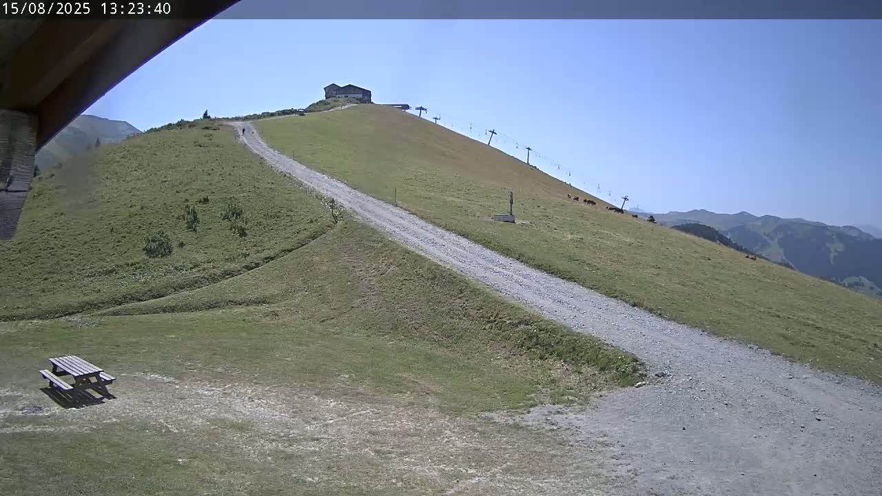 A gravel road winds up a grassy hillside towards a building and ski lift under a clear blue sky.