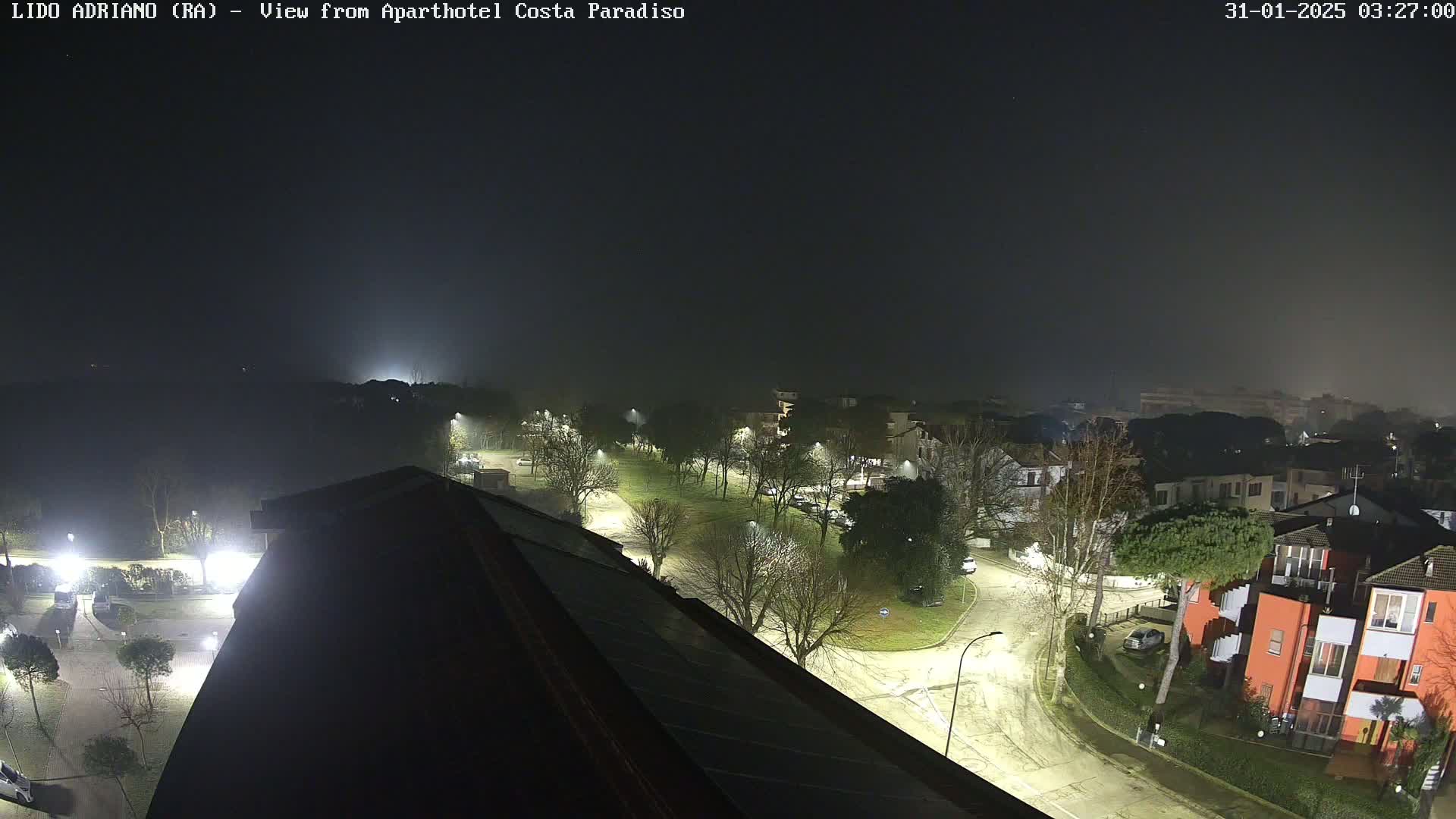 A nighttime, foggy view of a residential area with illuminated streets and buildings, seen from a rooftop.