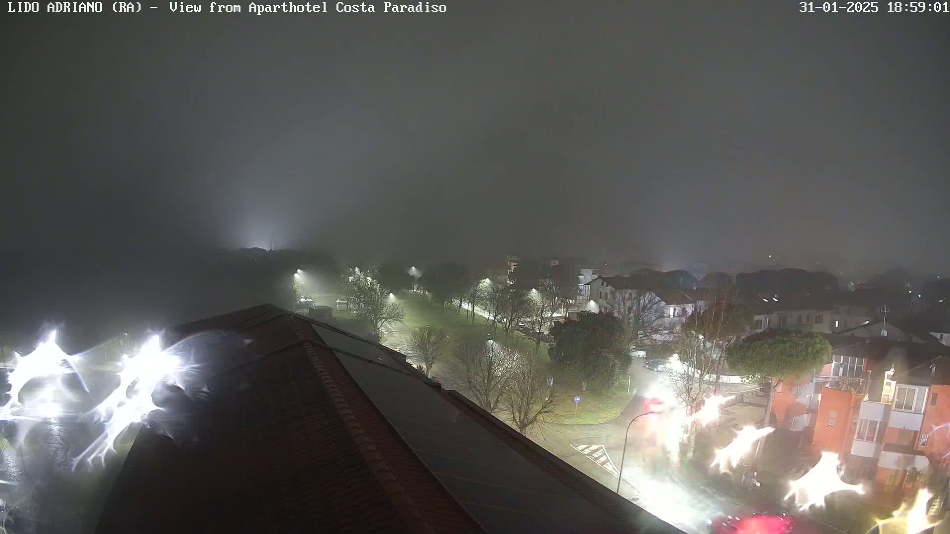 A nighttime, foggy view from a rooftop shows a street scene with buildings, trees, and streetlights.