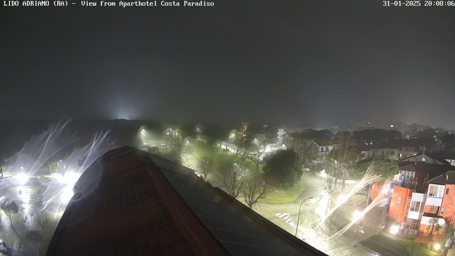 A nighttime, foggy view of a residential area with streetlights illuminating wet roads and trees under a dark sky, showing streaks of what appears to be heavy rain or possibly snow.