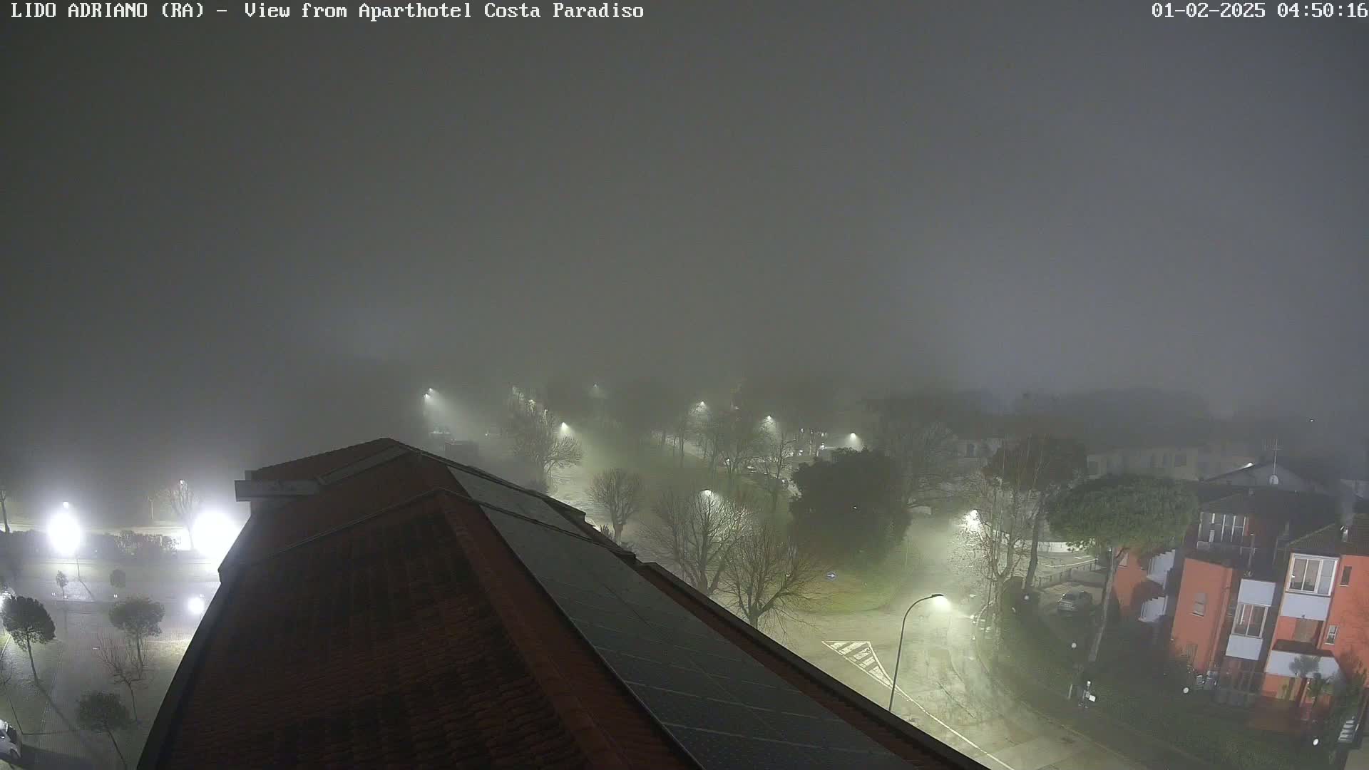 A foggy night scene shows a view of a street and buildings from a rooftop with solar panels, illuminated by streetlights.