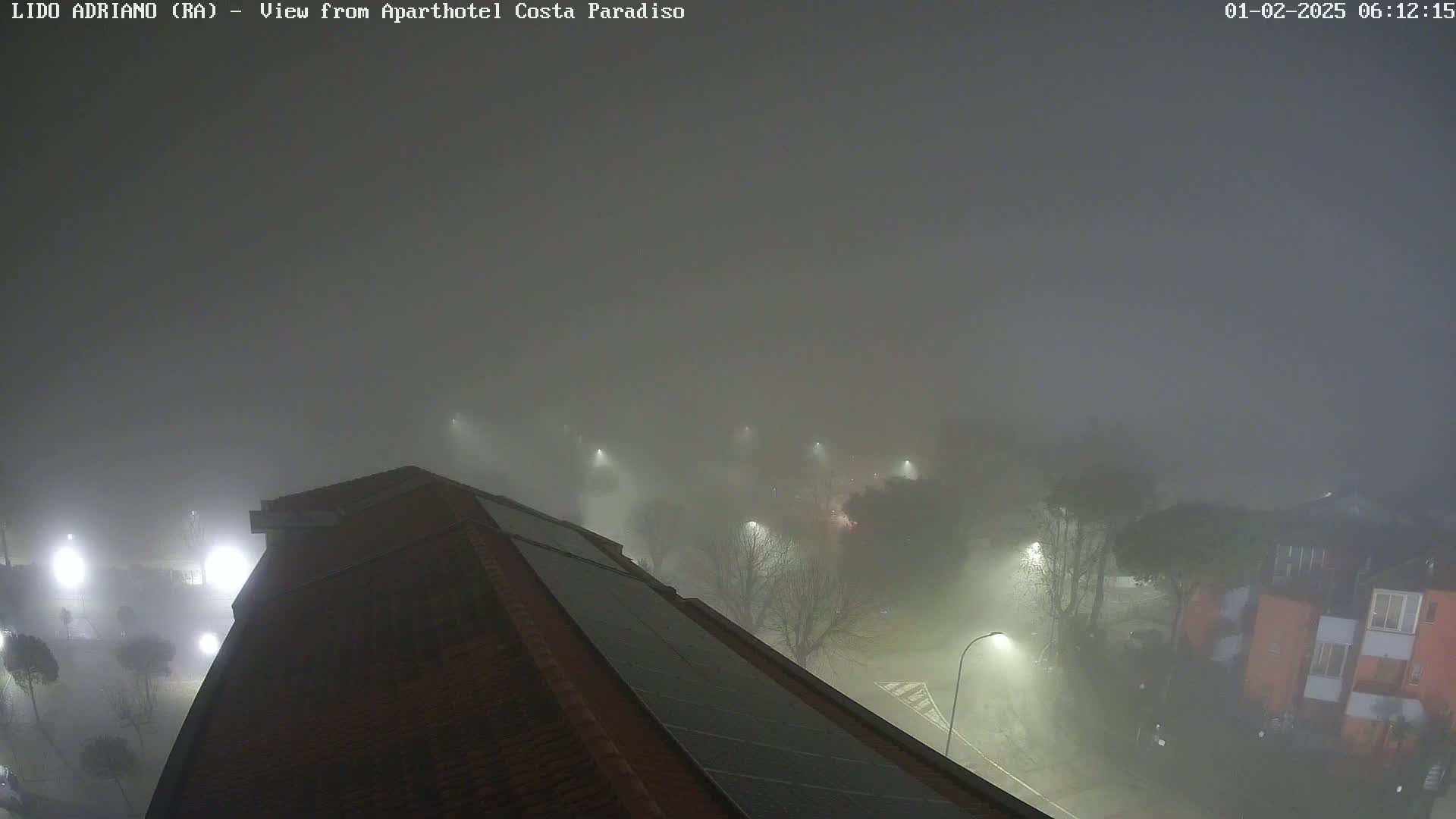 A foggy night scene is visible from a rooftop, showing dimly lit streets and buildings below.