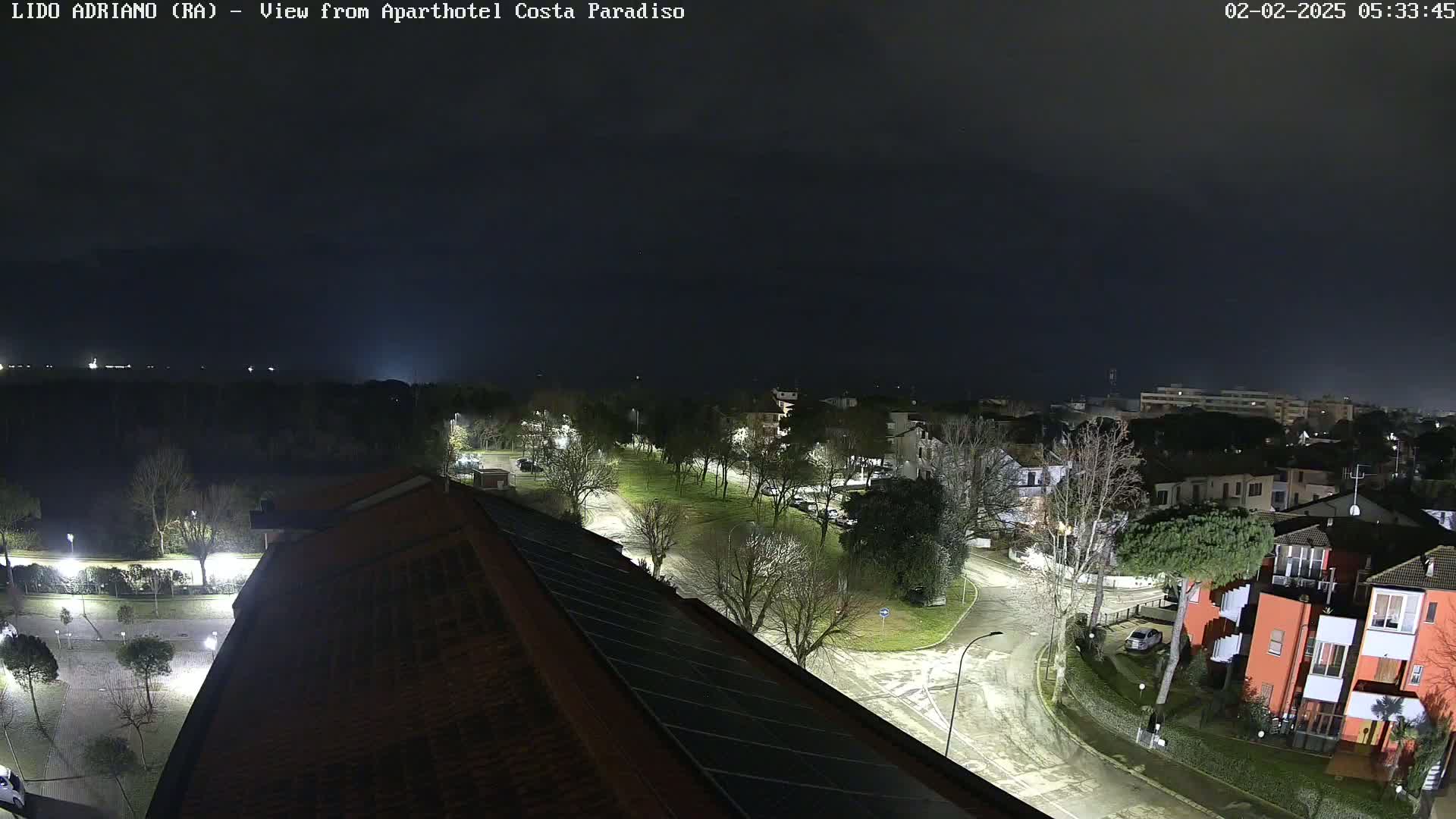 A nighttime, aerial view of a residential area with wet streets and sparsely lit trees under a dark, cloudy sky.