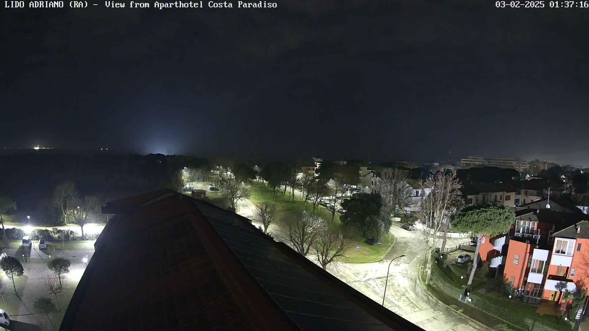 A nighttime view from a rooftop shows a residential area with sparsely lit streets and a small park, under a dark, overcast sky.