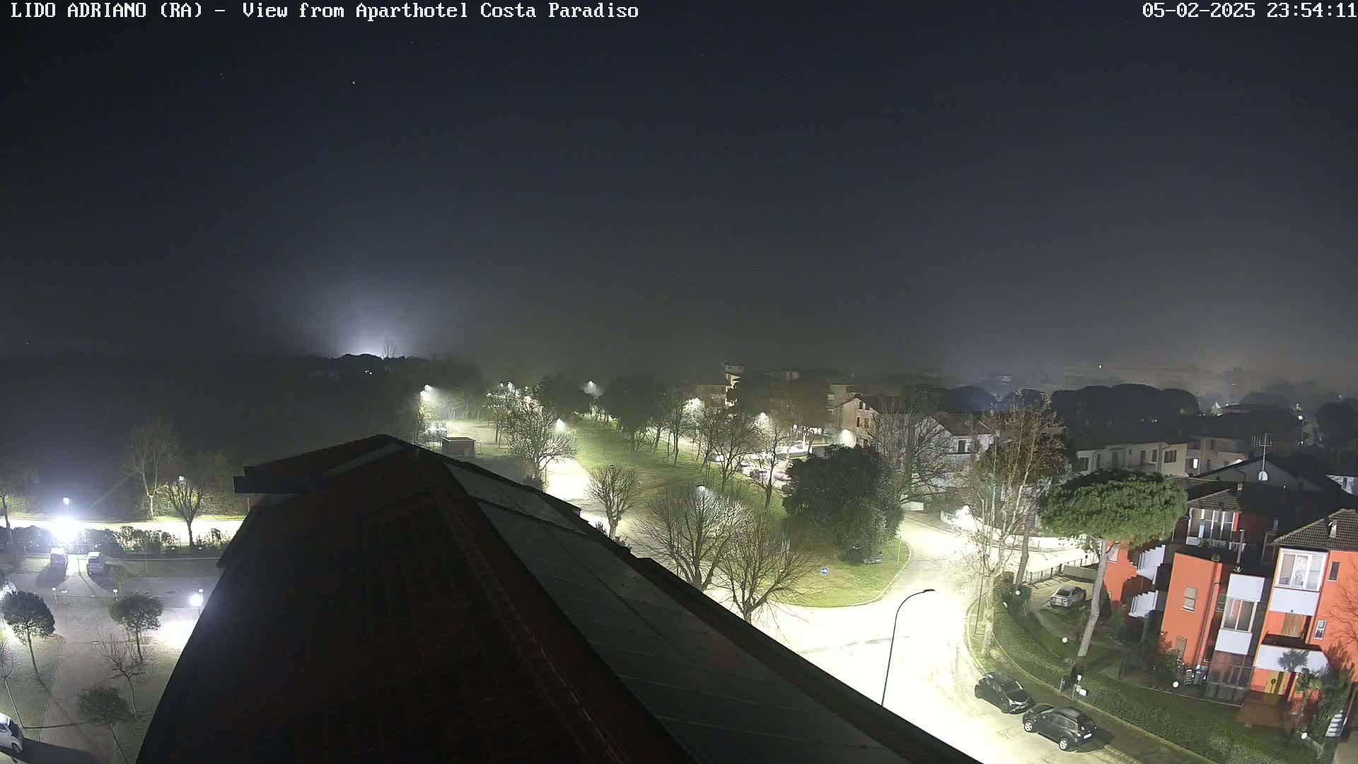 A nighttime, foggy view from a rooftop shows a residential area with illuminated streets and parked cars.