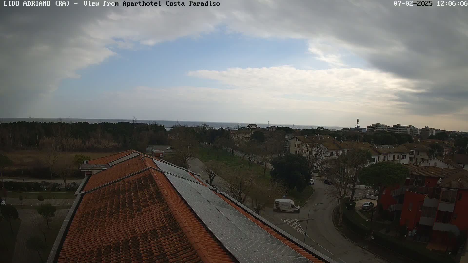 A mostly cloudy day overlooks a coastal town with a red-tiled building in the foreground, showing a view of the sea in the distance.